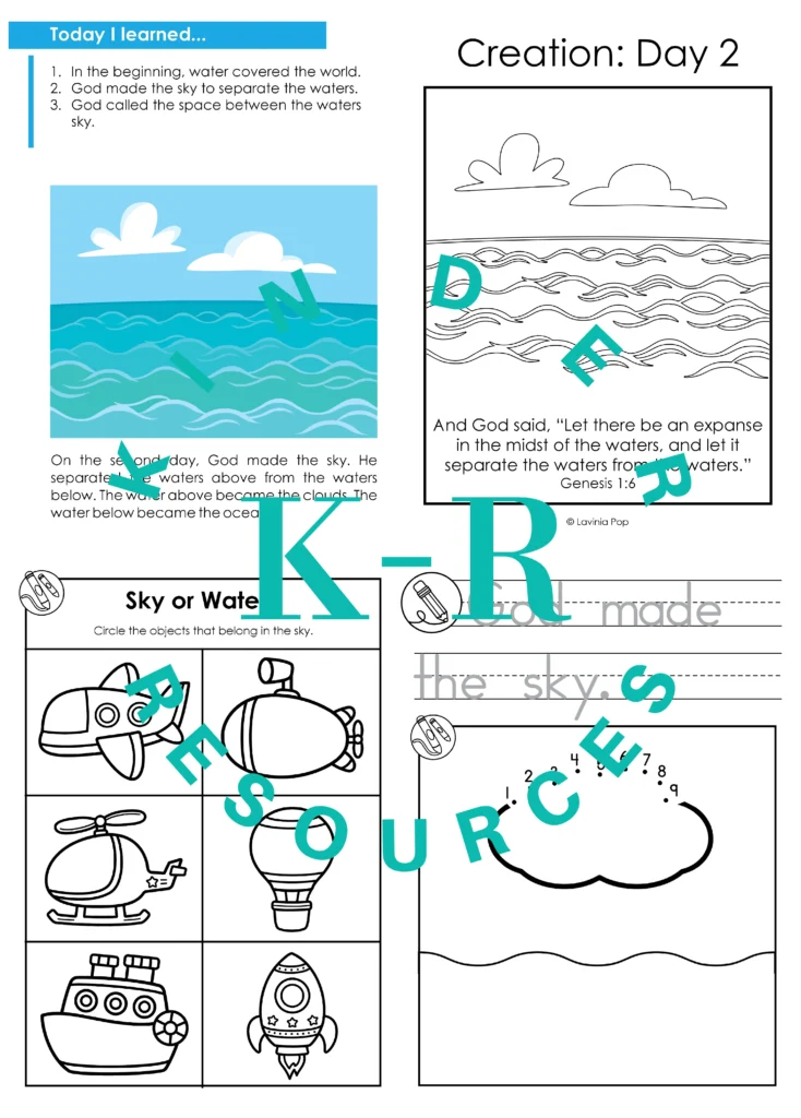 God Made the Sky preschool Bible lesson worksheets for Creation Day 2 including tracing, sorting, coloring, and writing activities