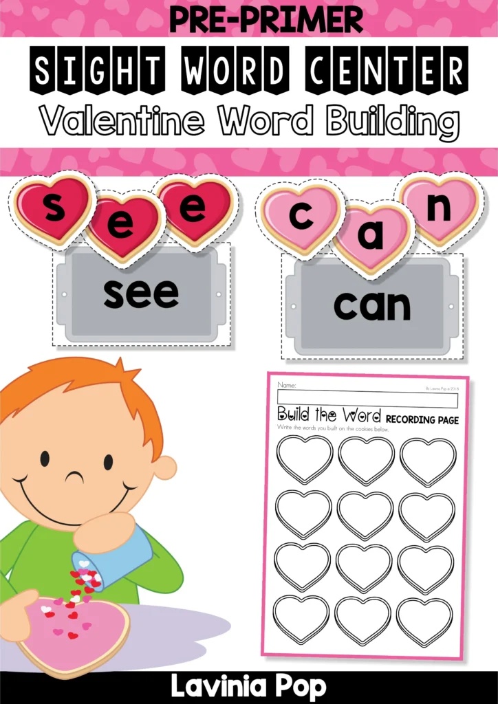 FREE Valentine’s Day Sight Words Activity pre primer word building center with heart shaped letter cookies and sight word trays