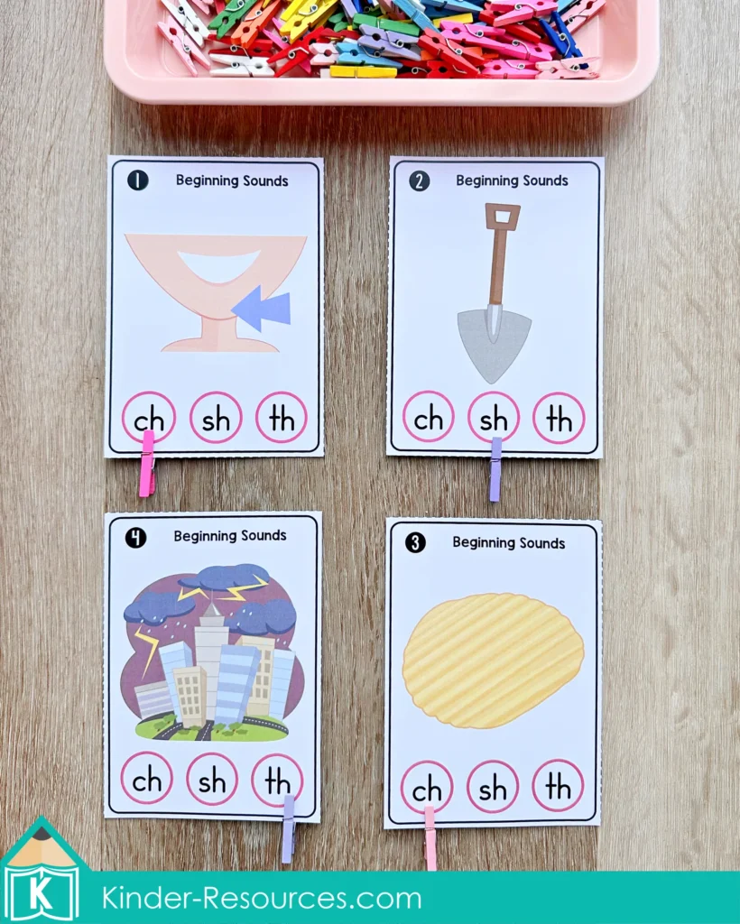 Valentine’s Day Literacy Centers for Kindergarten beginning digraphs clip activity using ch sh and th picture cards