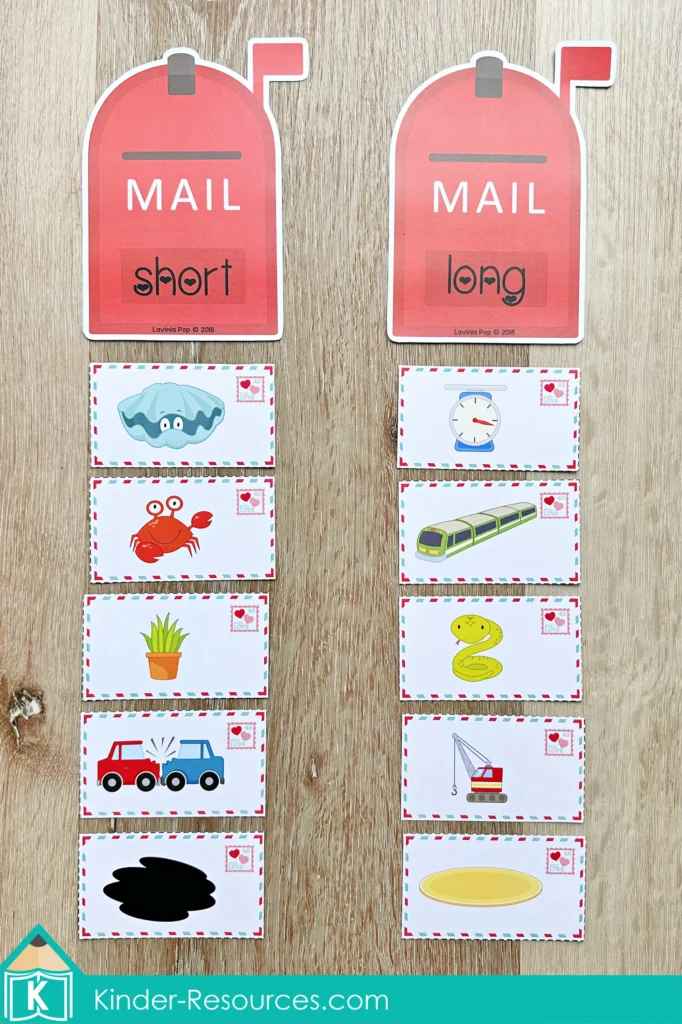 Valentine’s Day Literacy Centers for Kindergarten long and short vowel sorting activity using Valentine mailbox cards