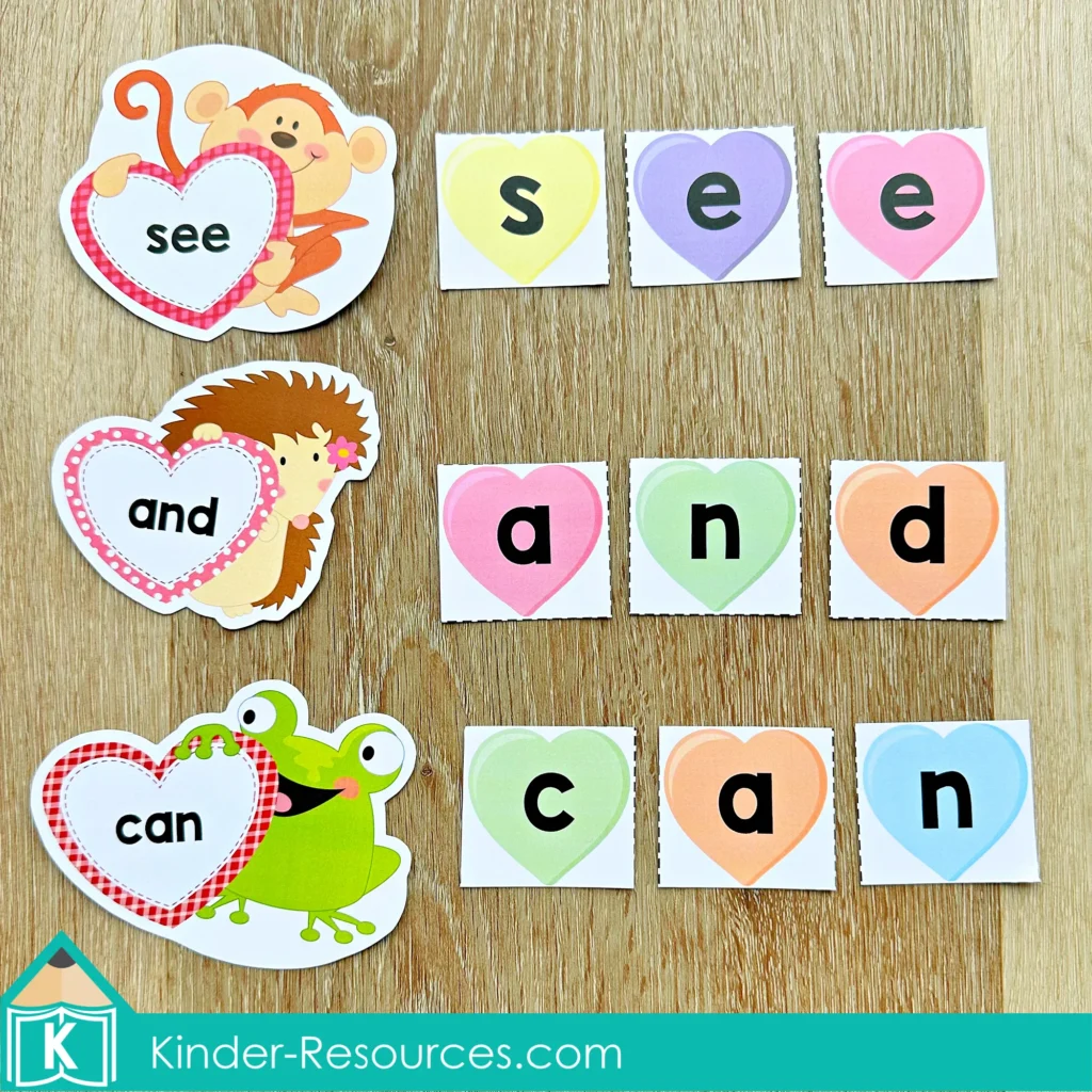 Valentine’s Day Literacy Centers for Kindergarten sight word building activity using conversation heart letters