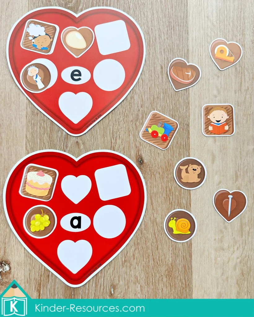 Valentine’s Day Literacy Centers for Kindergarten long vowel middle sound sorting activity with Valentine themed cards