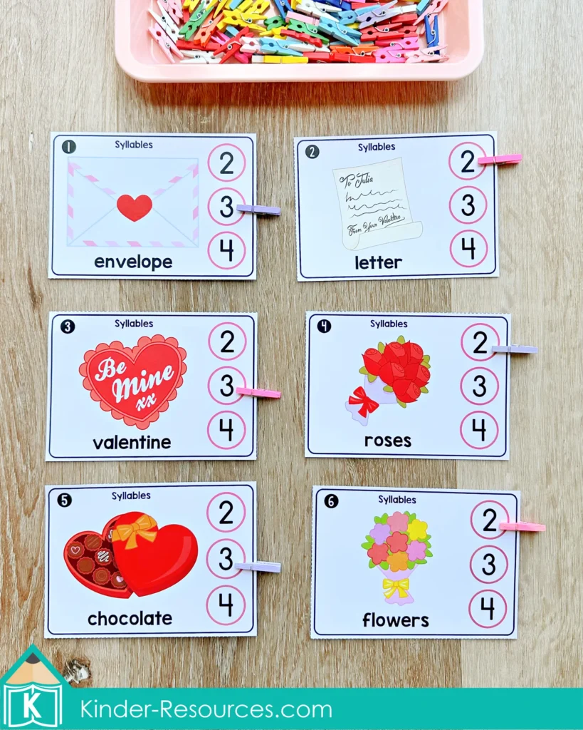 Valentine’s Day Literacy Centers for Kindergarten syllable clip cards for counting syllables in Valentine words