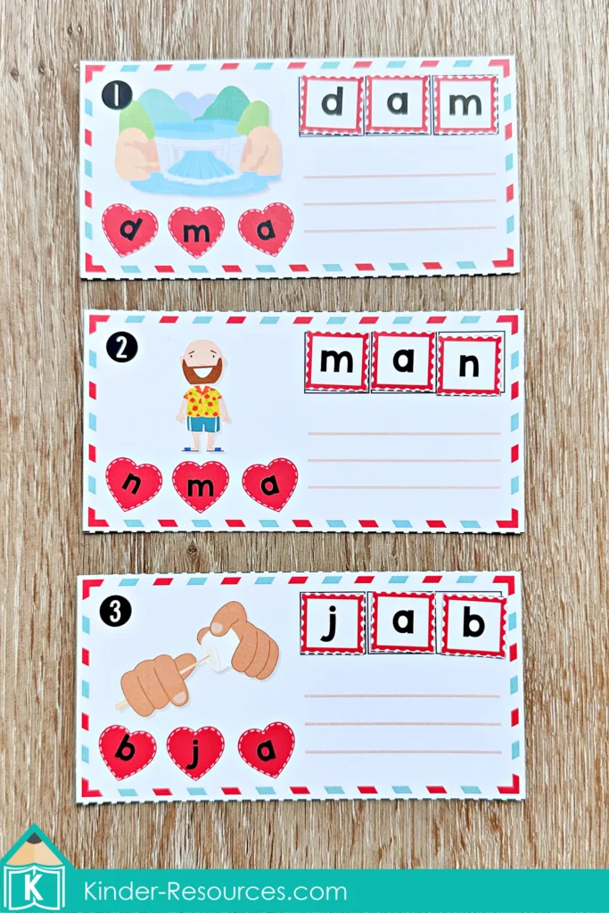 Valentine’s Day Literacy Centers for Kindergarten unscramble CVC words activity using picture cards and letter choices
