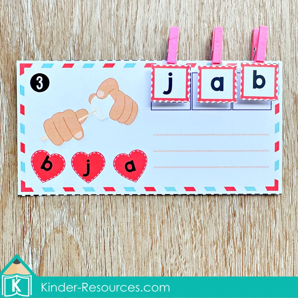 Valentine’s Day Literacy Centers for Kindergarten unscramble CVC words activity using pegs for fine motor and phonics practice