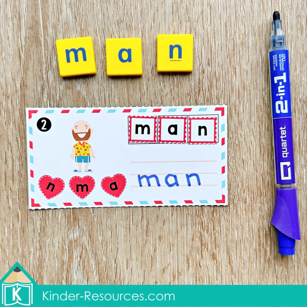 Valentine’s Day Literacy Centers for Kindergarten unscramble CVC words activity using letter tiles and writing space