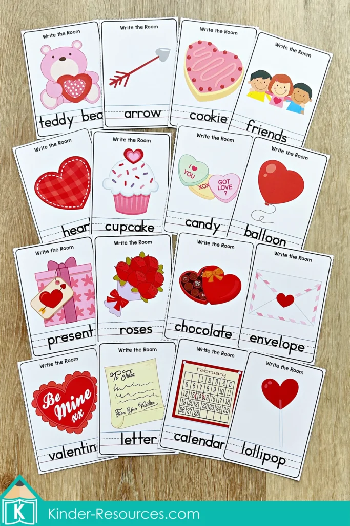 Valentine’s Day Literacy Centers for Kindergarten write the room vocabulary cards with Valentine themed words