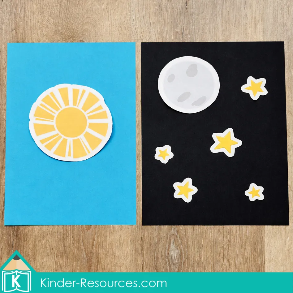 Preschool Bible Lesson God Made the Sun Moon and Stars day and night visual using blue paper for sun and black paper for moon and stars