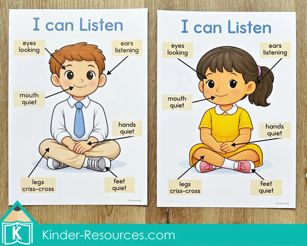Preschool Bible Lesson Classroom Rules Management whole body listening posters with labeled eyes looking, ears listening, mouth quiet, hands quiet, legs criss cross, and feet quiet for preschool children