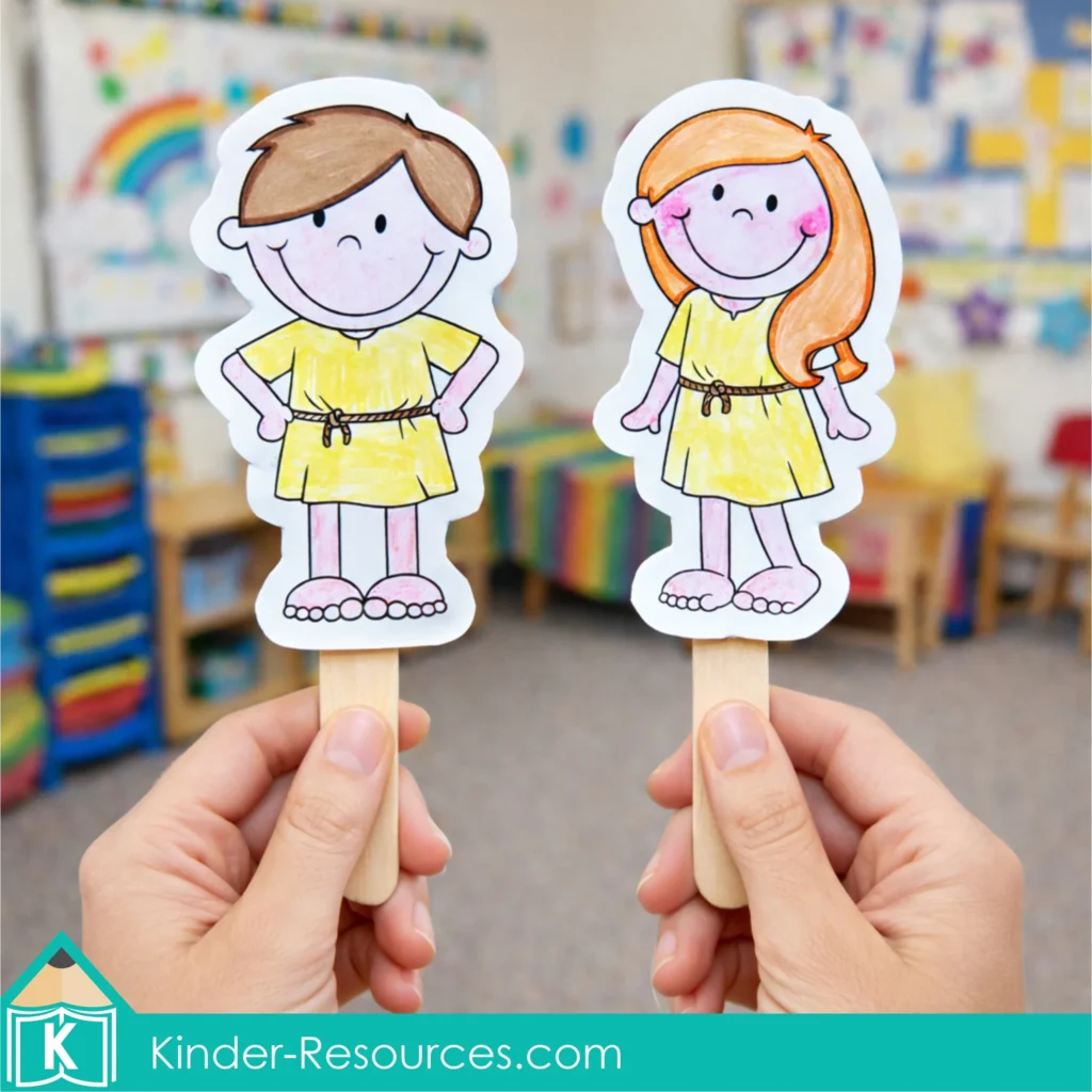 Garden of Eden Preschool Bible Lesson Adam and Eve printable puppets colored and attached to craft sticks
