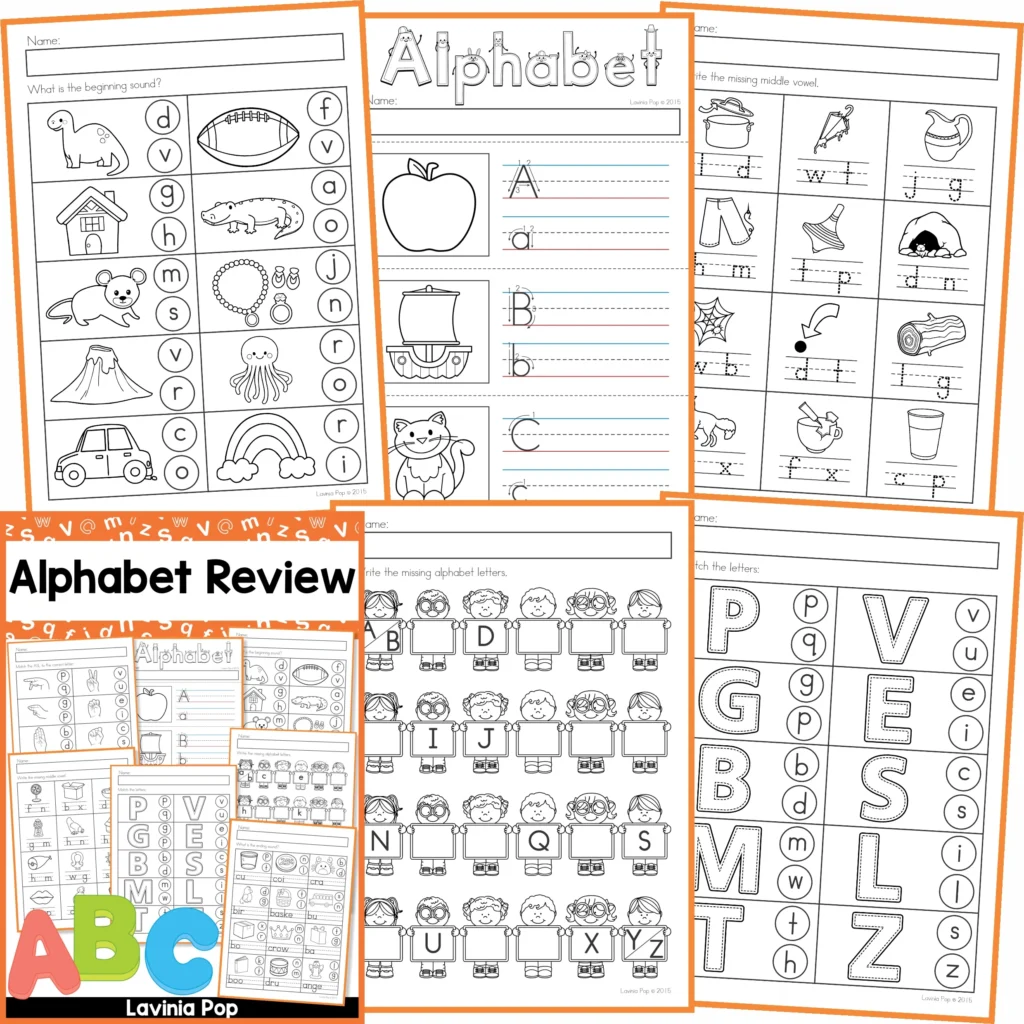 Alphabet Review Worksheets full set overview with letter matching, beginning sounds, vowels, missing letters, and handwriting activities