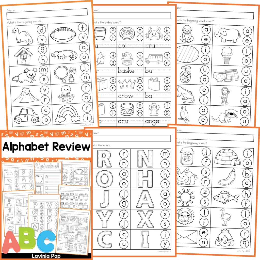 Alphabet Review Worksheets phonics activities overview with beginning sounds, ending sounds, vowel sounds, letter matching, and handwriting practice