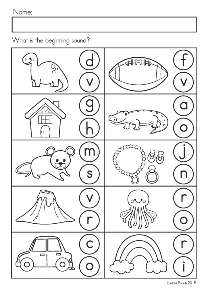 Alphabet Review Worksheets sample beginning sounds page with picture prompts and letter choices