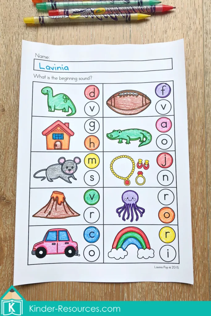 Alphabet Review Worksheets beginning sounds activity with picture prompts and letter choices for phonemic awareness