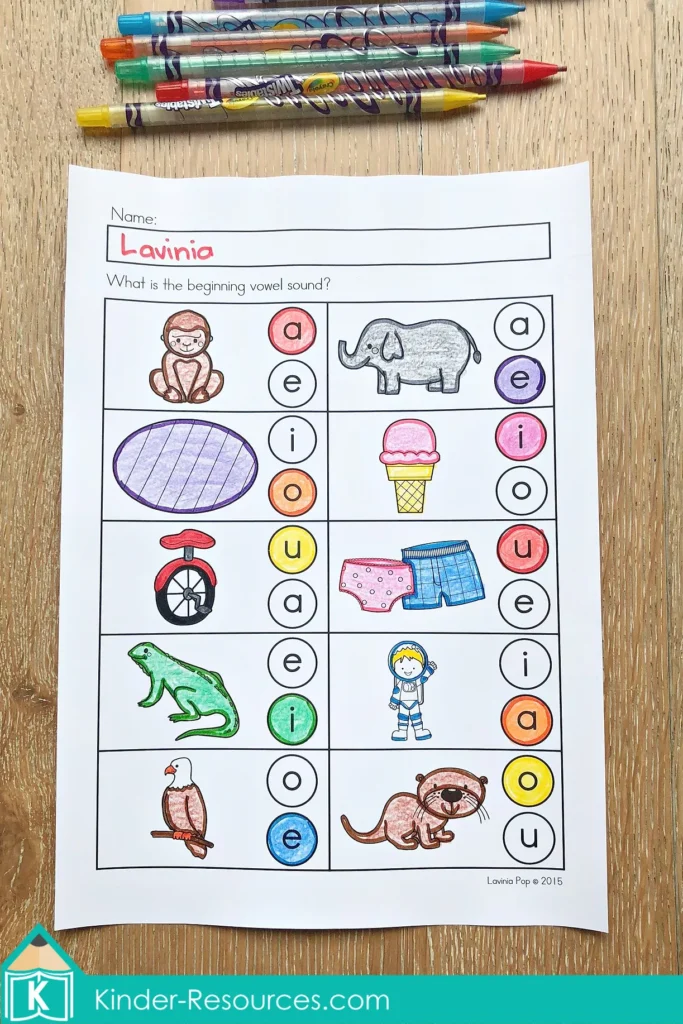 Alphabet Review Worksheets beginning vowel sounds practice with picture clues and vowel identification