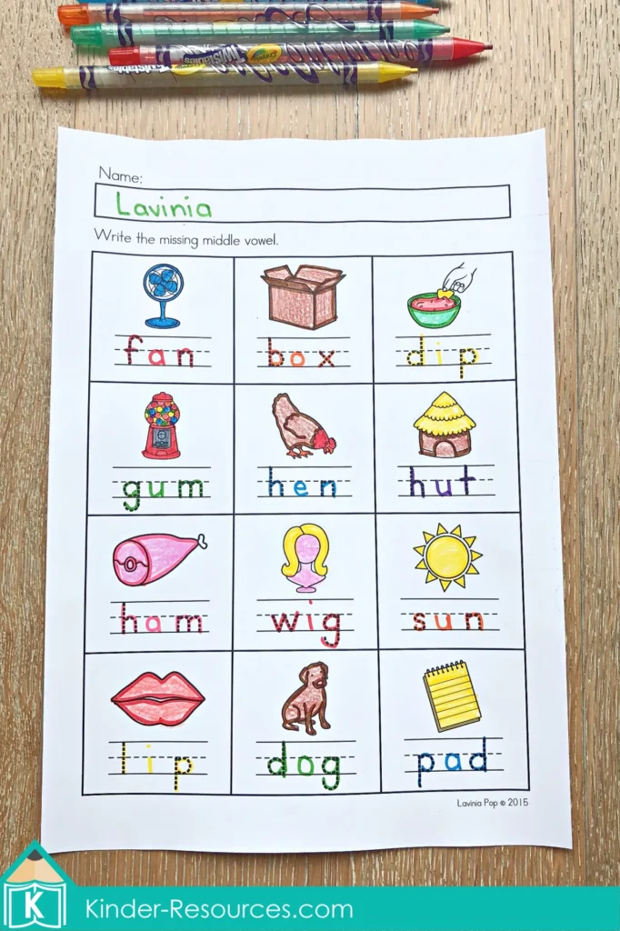 Alphabet Review Worksheets missing middle vowel activity with CVC words and short vowel practice