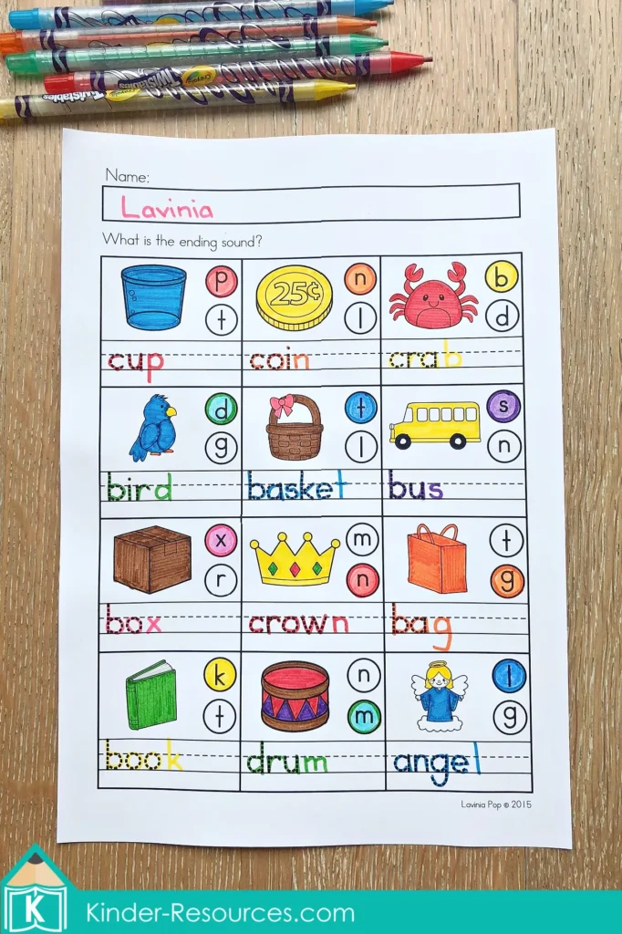 Alphabet Review Worksheets ending sounds activity with picture prompts and missing final letters