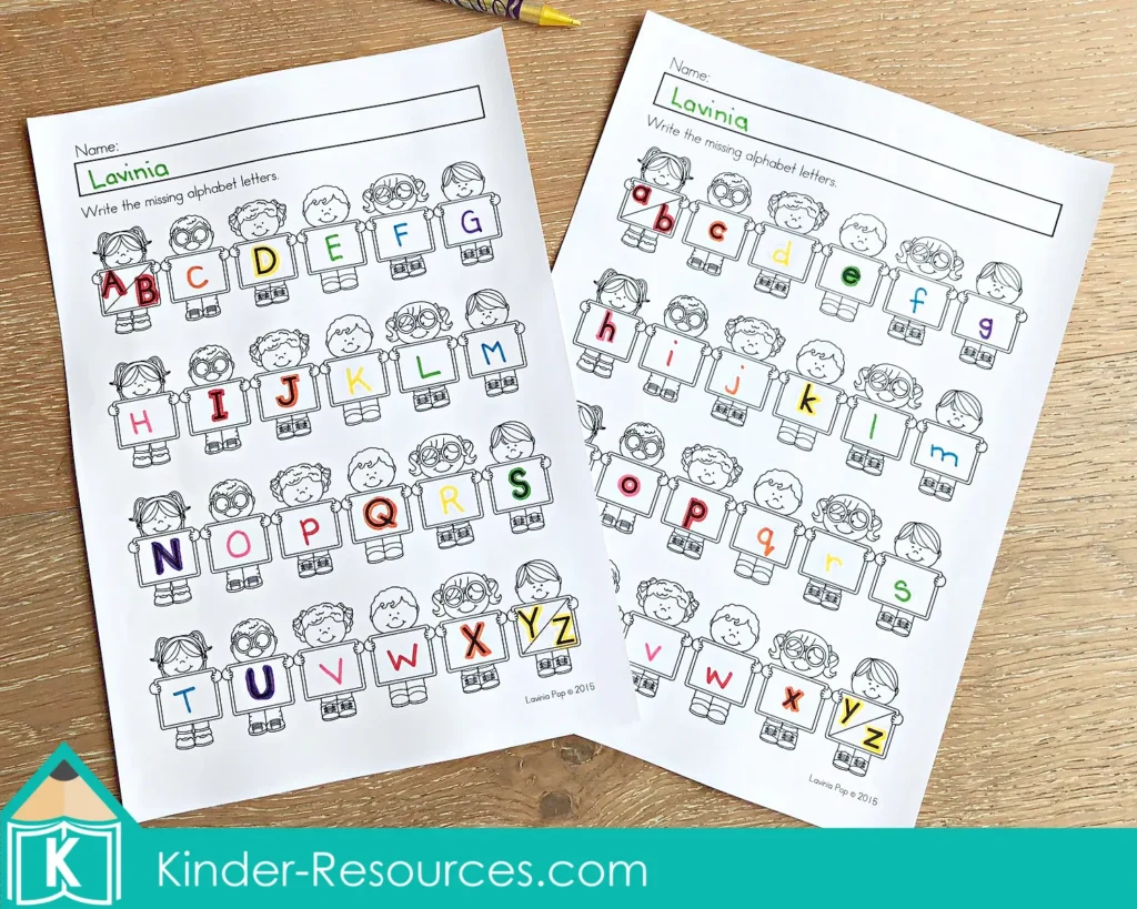 Alphabet Review Worksheets write the missing alphabet letters in sequence for uppercase and lowercase practice