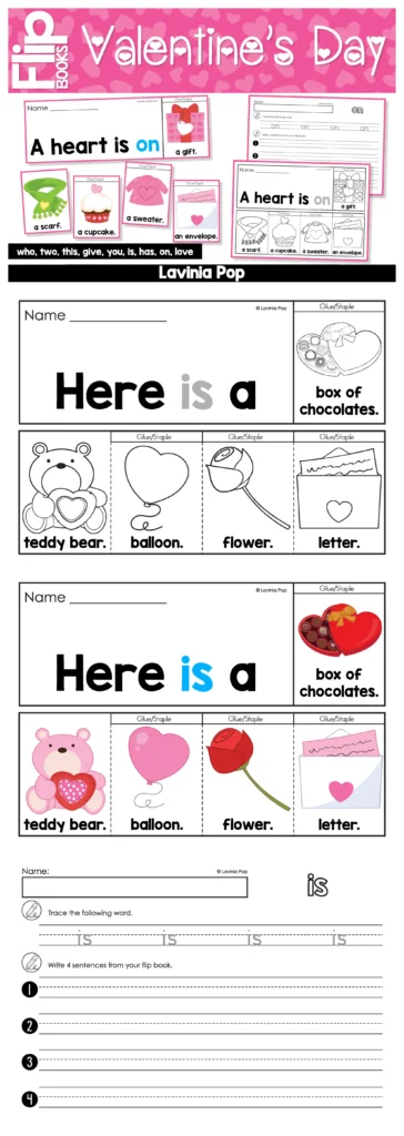 Valentine’s Day Sight Word Fluency Flip Books free sample preview with flip book pages and matching writing worksheet for sight word practice
