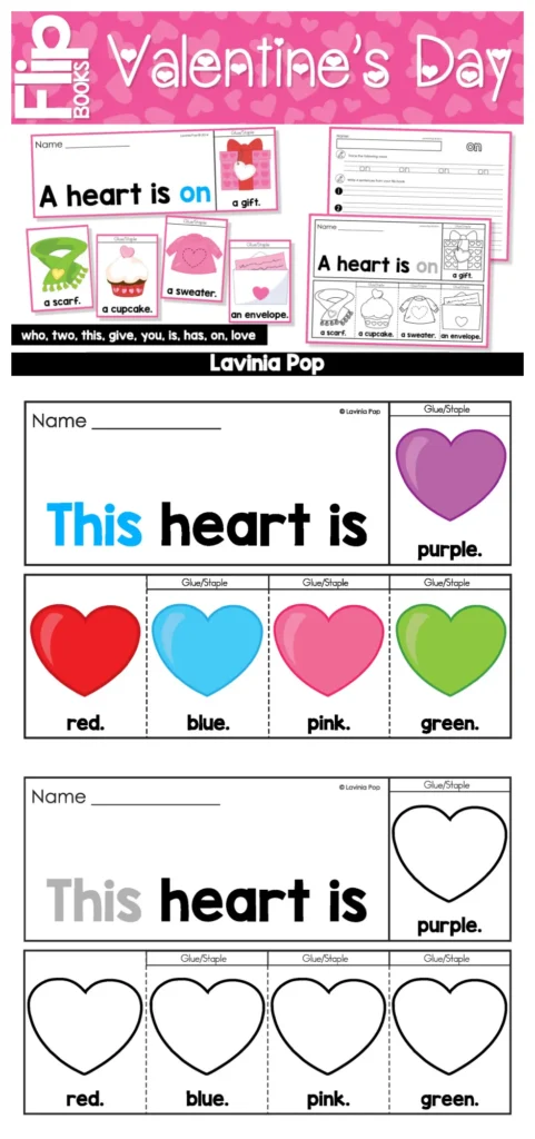 Valentine’s Day Sight Word Fluency Flip Books color words flip book using the sentence pattern this heart is with red blue pink and green hearts