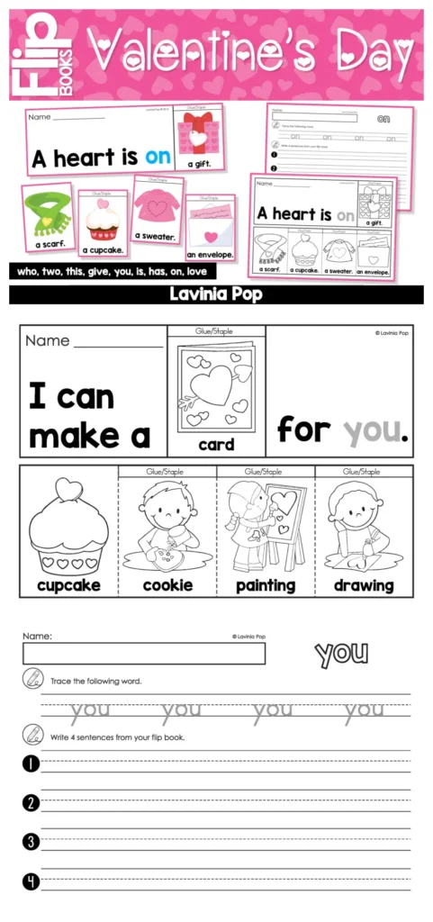 Valentine’s Day Sight Word Fluency Flip Books flip book using the sentence pattern I can make a card for you with Valentine themed activities