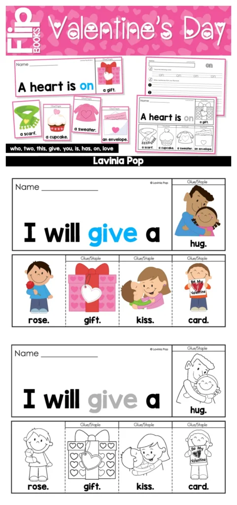 Valentine’s Day Sight Word Fluency Flip Books flip book using the sentence pattern I will give a with Valentine themed vocabulary and writing practice