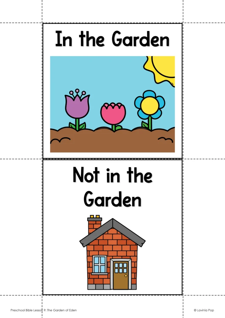 Garden of Eden Preschool Bible Lesson printable headers labeled In the Garden and Not in the Garden