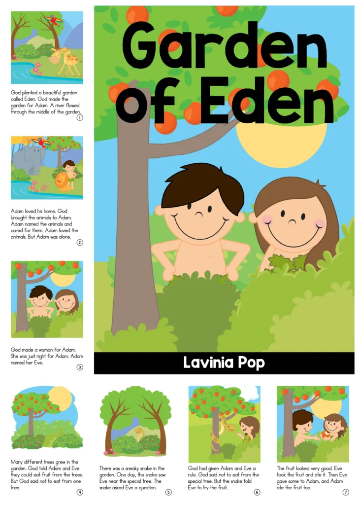 Garden of Eden book for preschool Bible Lesson featuring Adam and Eve, the snake, the fruit, and the story of leaving the garden in a printable picture book format