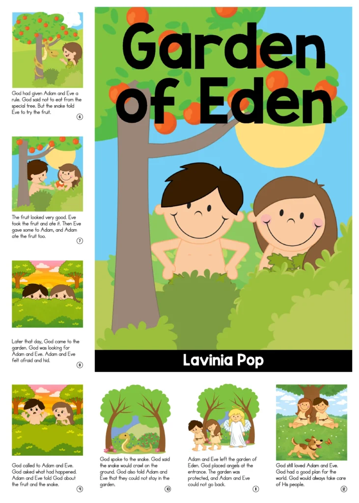 Garden of Eden printable book for preschool showing Adam and Eve, animals in the garden, the snake in the tree, and simple Bible story pages for Preschool Bible Lesson
