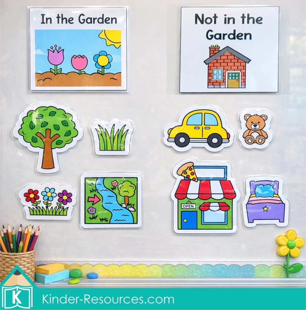 Garden of Eden Preschool Bible Lesson sorting activity displayed on classroom board with garden and non garden picture cards