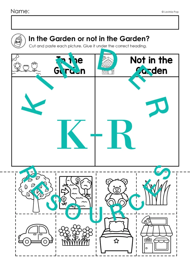 Garden of Eden Preschool Bible Lesson cut and paste worksheet sorting pictures into In the Garden and Not in the Garden