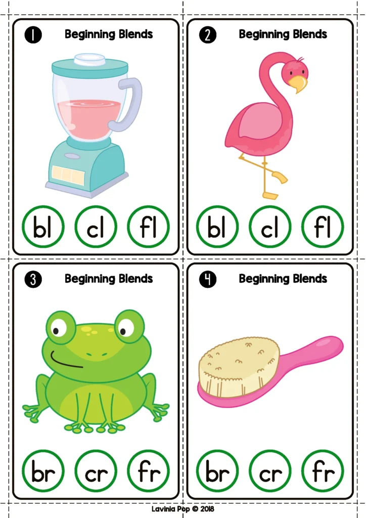 St. Patrick’s Day Literacy Centers for Kindergarten beginning blends clip cards with blender, flamingo, frog, and brush images for bl cl fl br cr fr practice