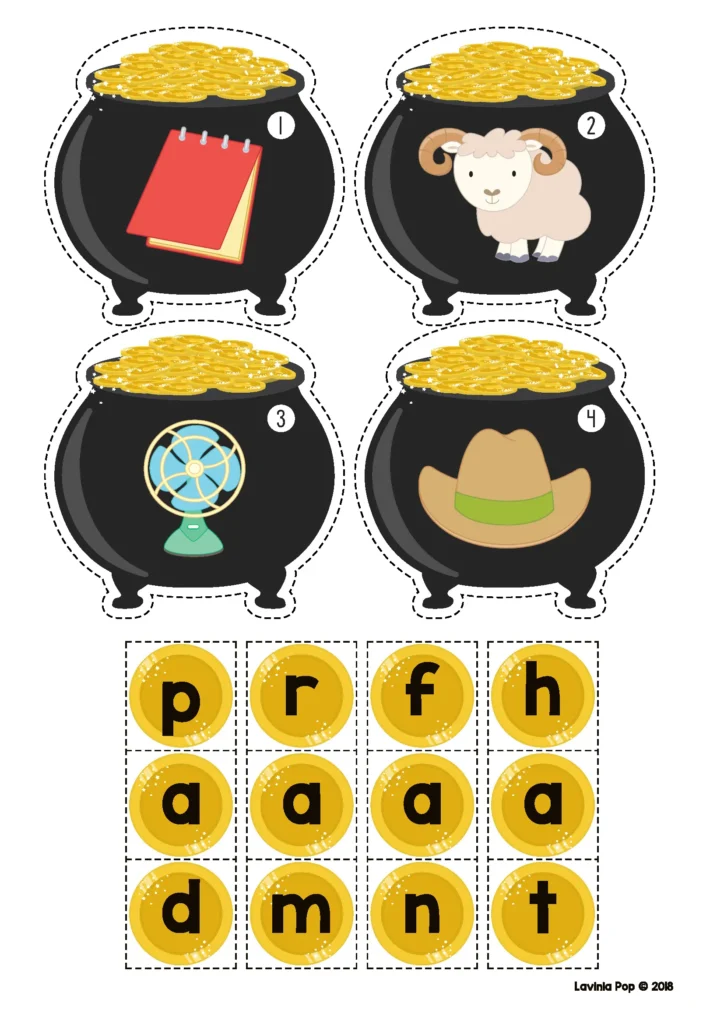 St. Patrick’s Day Literacy Centers for Kindergarten build CVC word activity with pot of gold picture cards and letter coins for phonics practice