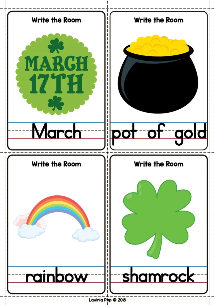 St. Patrick’s Day Literacy Centers for Kindergarten Write the Room vocabulary cards with March, pot of gold, rainbow, and shamrock words for writing practice
