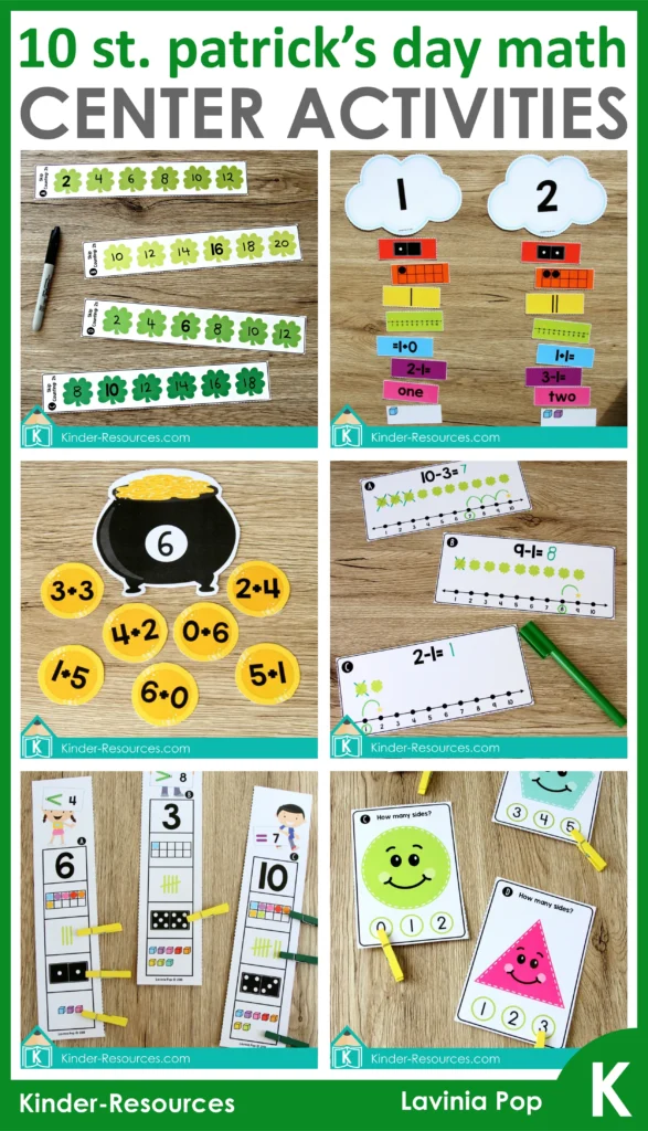St. Patrick’s Day Math Centers for Kindergarten with skip counting by 2, tally marks, addition to 20, subtraction number lines, number comparisons, 2D shape clip cards, patterns, graphing, and telling time center activities