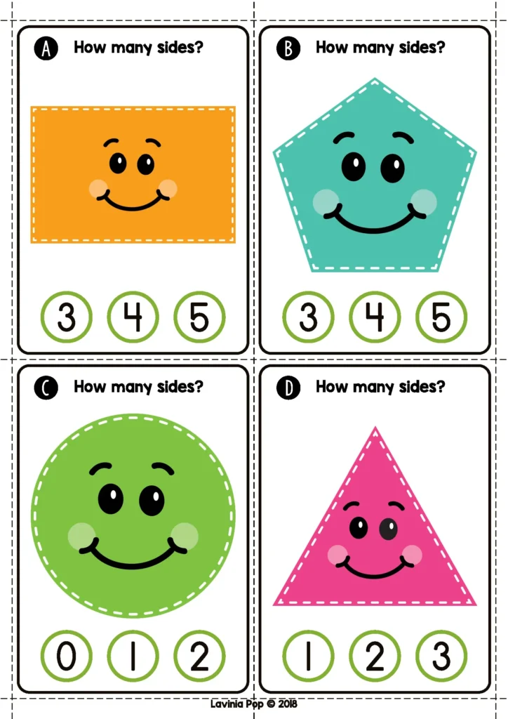 Kindergarten Centers St. Patrick’s Day Math Activities counting 2D shape sides with rectangle, pentagon, circle, and triangle cards