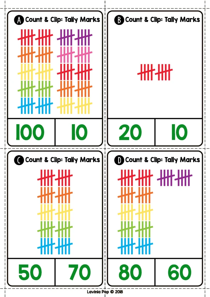 Kindergarten Centers St. Patrick’s Day Math Activities tally mark counting cards for numbers to 100