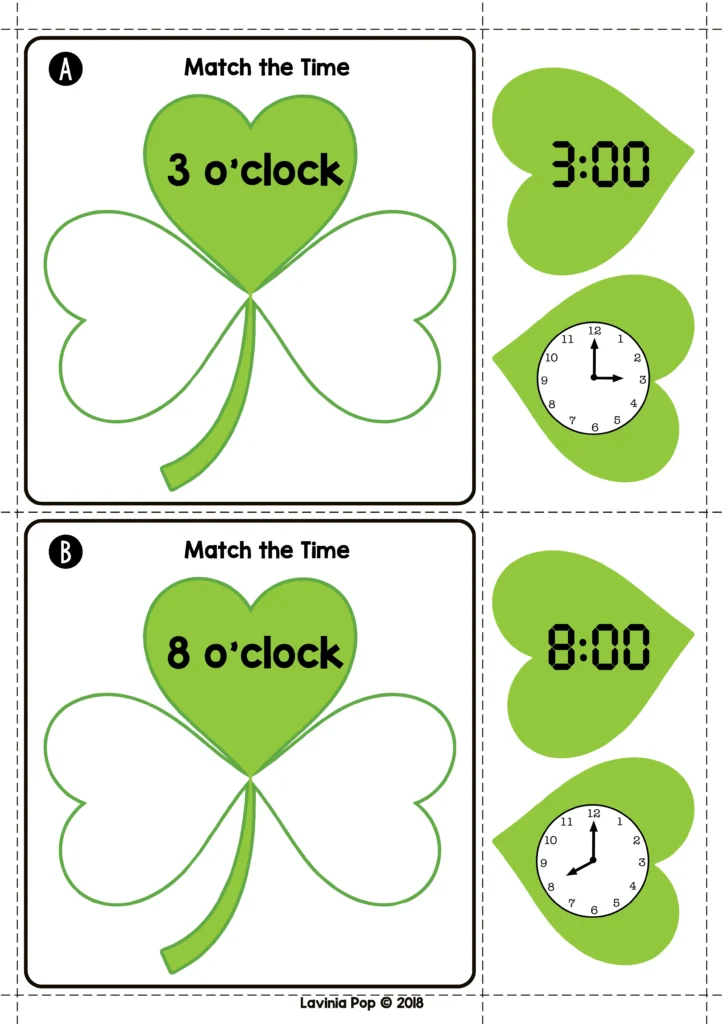Kindergarten Centers St. Patrick’s Day Math Activities telling time to the hour with digital and analog clock matching cards