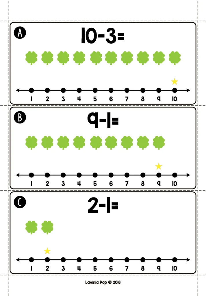 Kindergarten Centers St. Patrick’s Day Math Activities subtraction within 10 using a number line strategy
