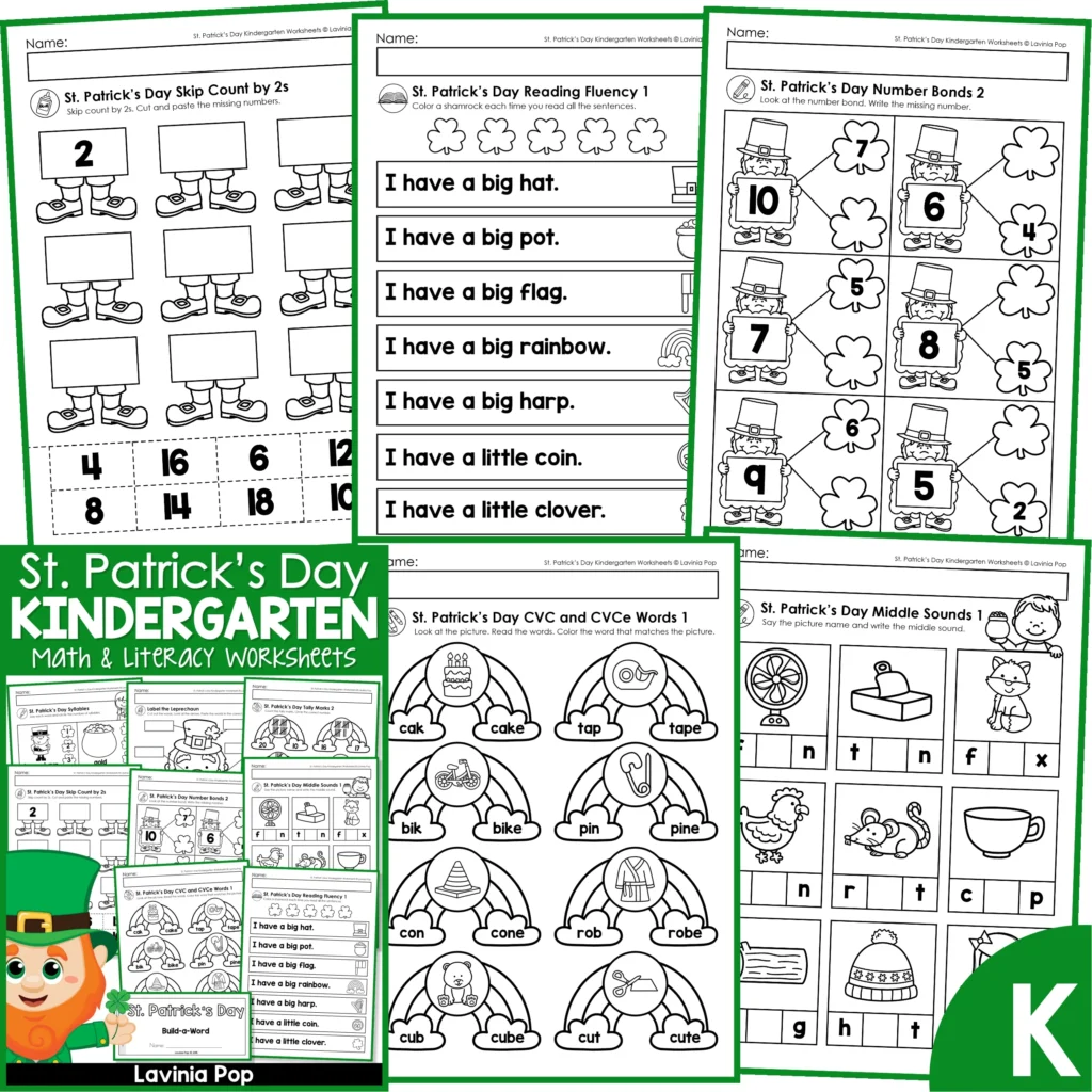 St. Patrick’s Day Kindergarten Worksheets and Activities No Prep cover with math and literacy worksheets including CVC words, number bonds, tally marks, reading fluency, and middle sounds pages.