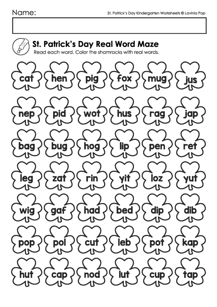 St. Patrick’s Day Kindergarten Worksheets and Activities No Prep sample real word maze where students read CVC words and color only the real words.