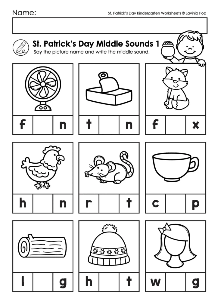 St. Patrick’s Day Kindergarten Worksheets and Activities No Prep sample CVC words worksheet where students write the missing middle vowel sounds.