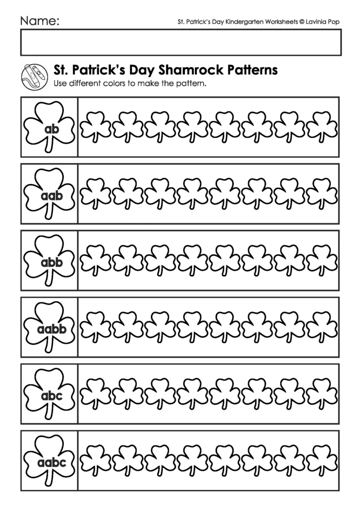 St. Patrick’s Day Kindergarten Worksheets and Activities No Prep sample patterns worksheet where students complete AB, AAB, ABB, ABC, and AABC patterns.