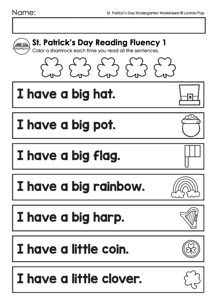 St. Patrick’s Day Kindergarten Worksheets and Activities No Prep sample reading fluency page with simple sight word sentences for early readers.