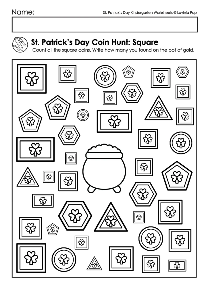 St. Patrick’s Day Kindergarten Worksheets and Activities No Prep sample shapes worksheet where students count and identify square coins.
