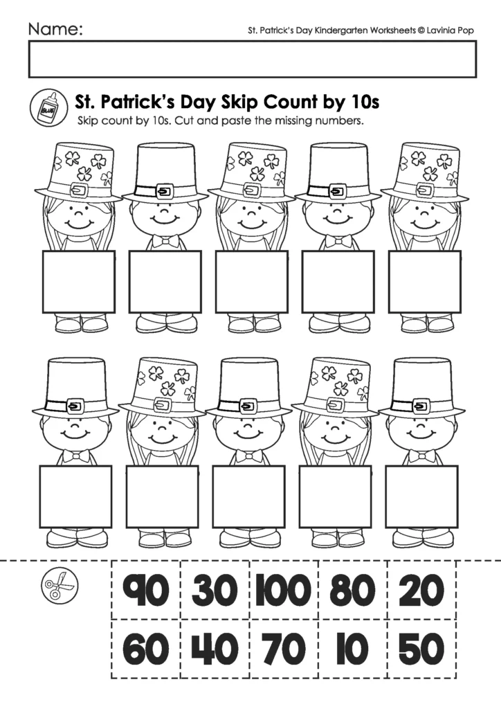 St. Patrick’s Day Kindergarten Worksheets and Activities No Prep sample skip counting by 10s cut and paste worksheet.