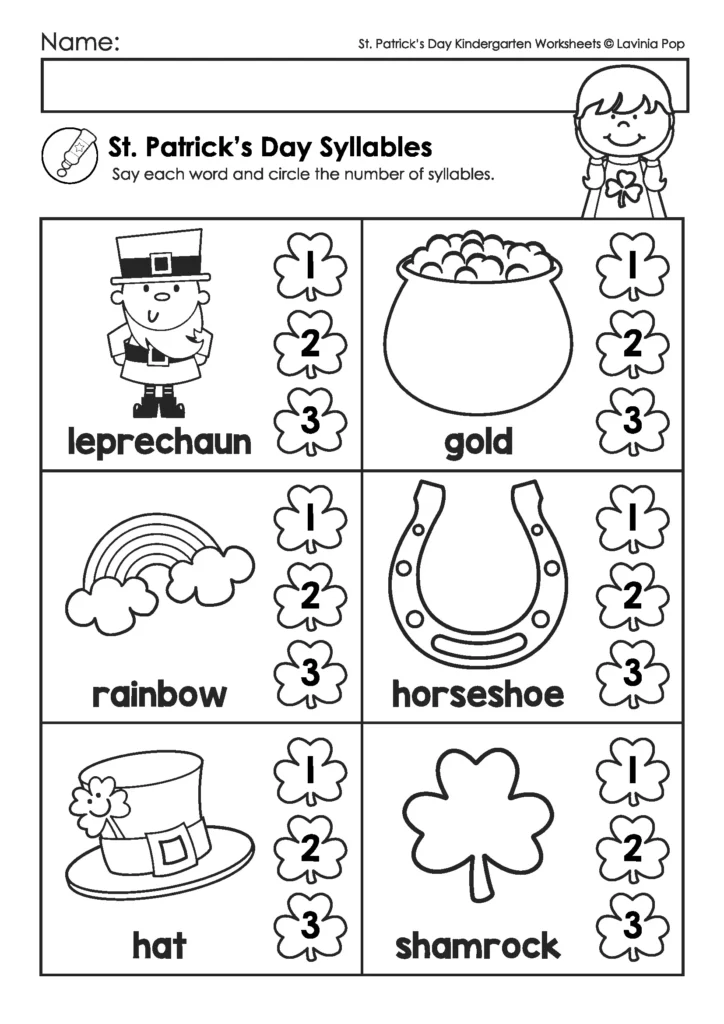 St. Patrick’s Day Kindergarten Worksheets and Activities No Prep sample syllables worksheet where students count and circle the number of syllables.