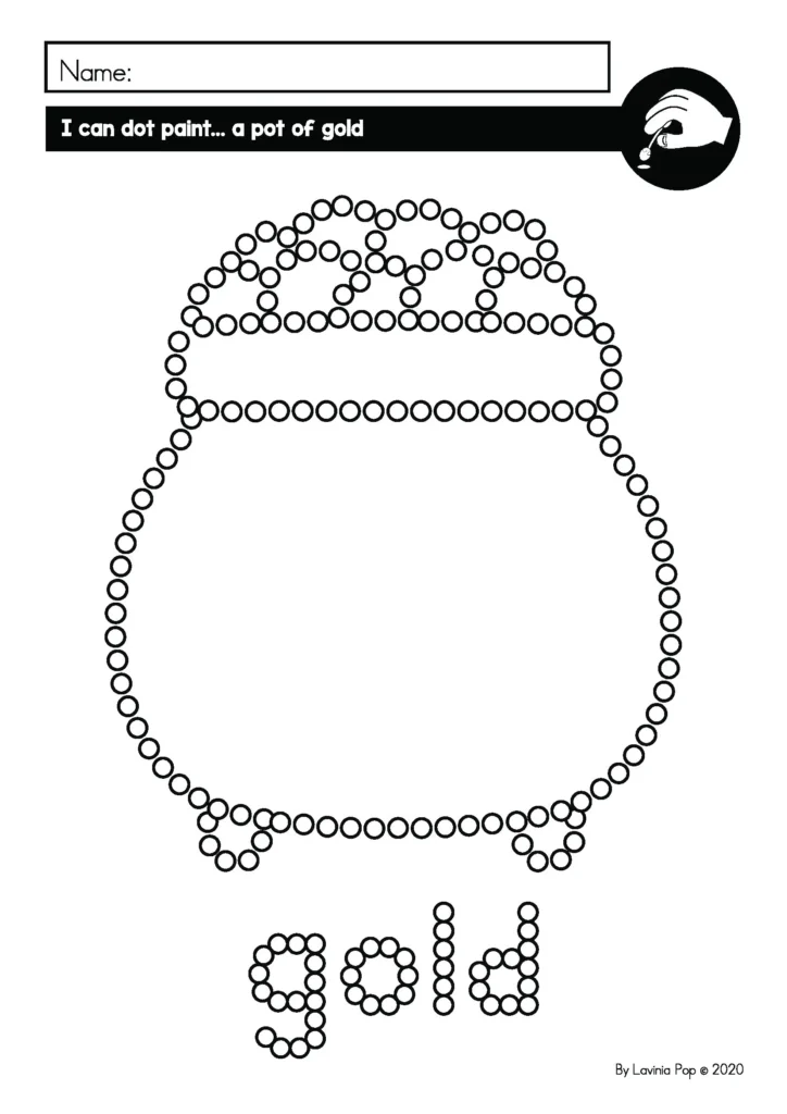 Fine Motor Printable Activities for March cotton swab dot painting worksheet with pot of gold design for controlled fine motor practice