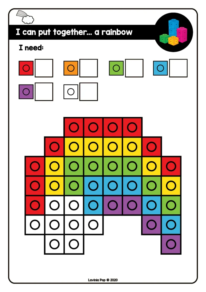 Fine Motor Printable Activities for March counting cube rainbow pattern card for snap cube building and spatial awareness practice