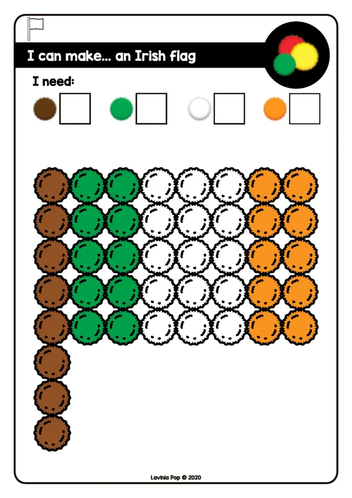 Fine Motor Printable Activities for March pom pom Irish flag pattern card where students place colored pom poms to build the Irish flag design